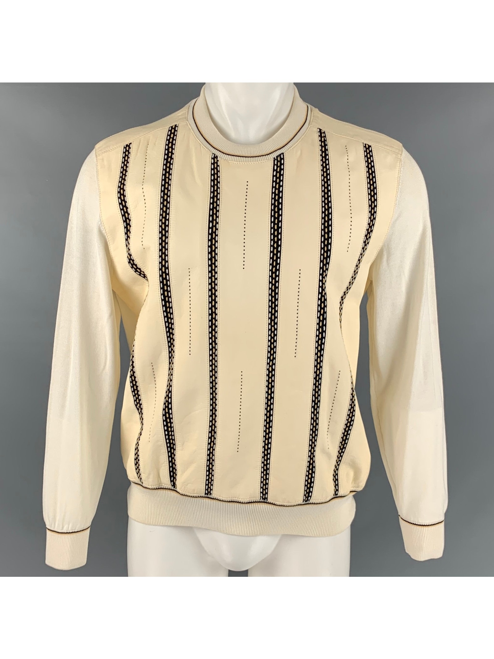 Barcelino Size 38 Cream Black Cotton Crew-Neck Pullover